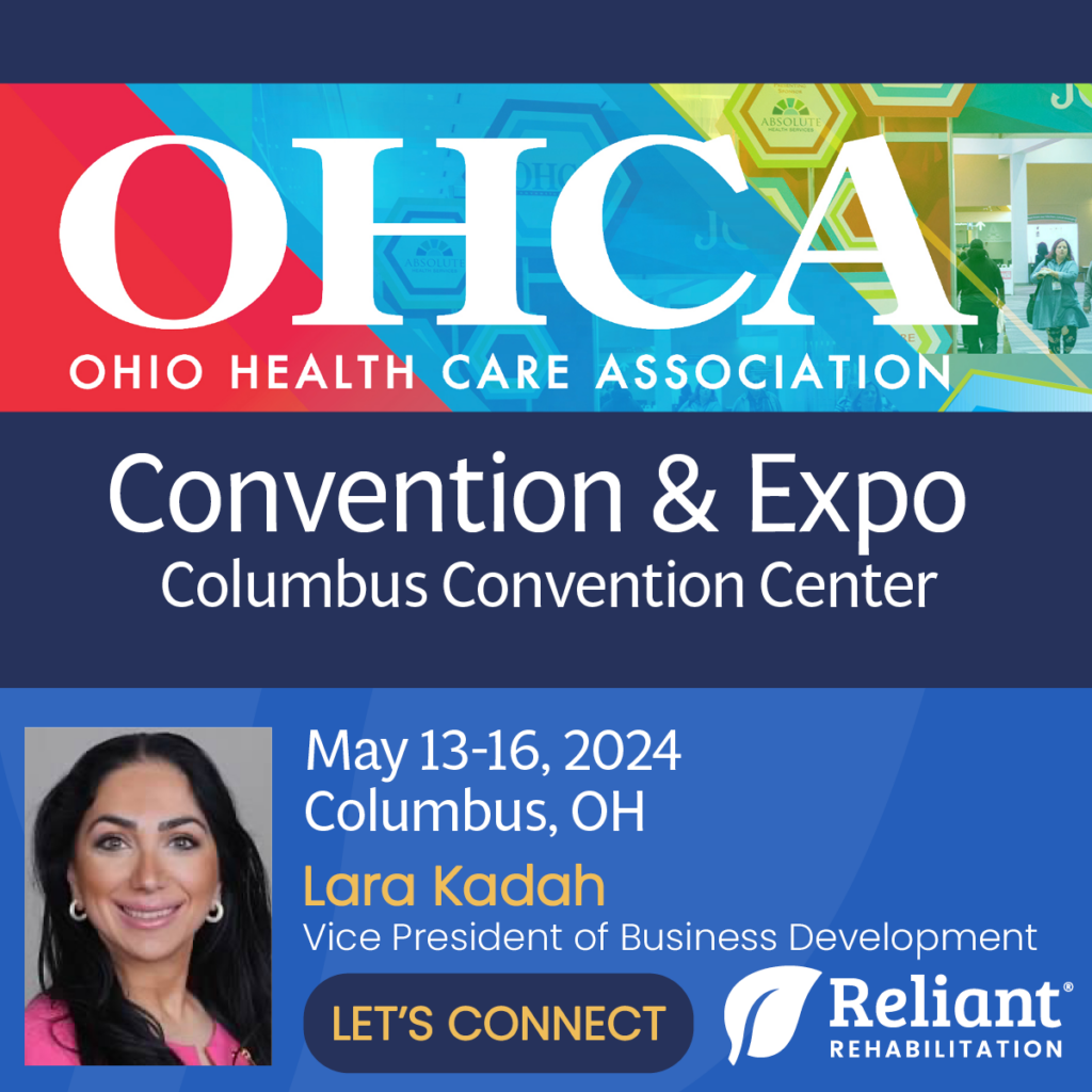 Graphic of OHCA 2024 Convention & Expo with Lara Kadah from Reliant Rehab inviting you to connect at the event.